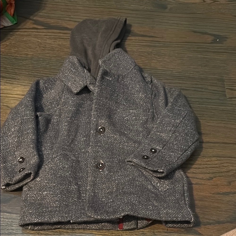 Gray Hooded Peacoat with Brown Buttons Boys Size 3